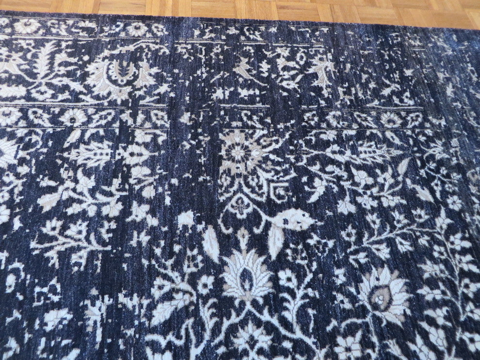 8x10 Hand Knotted Black Tone On Tone Wool & Silk Oriental Rug