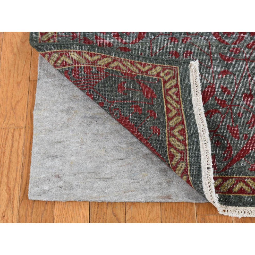 Green, Vintage Look Mamluk, Zero Pile, Worn Wool, Hand Knotted Rug, 6'x9'
