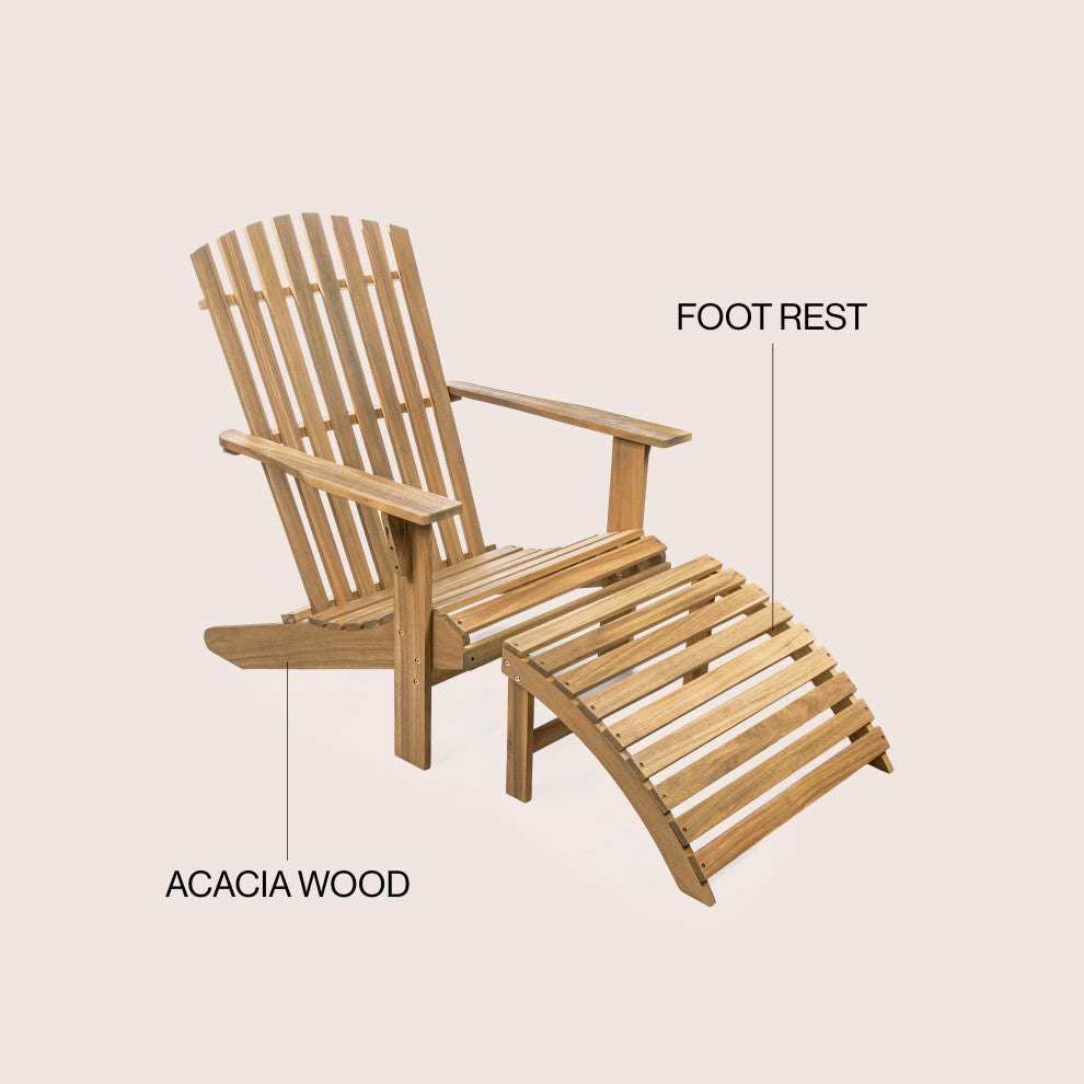 2-Piece Traditional Rustic Acacia Wood Adirondack Chair, Detachable Ottoman