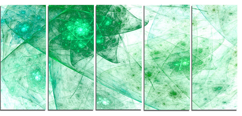 Clear Green Rotating Polyhedron, Abstract Canvas Wall Art, 60"x28", 5 Panels