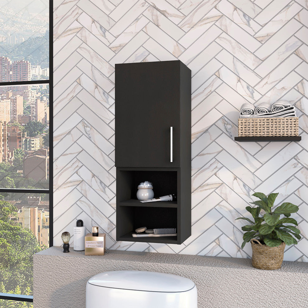 Praia Single Door Medicine Cabinet, with Four Shelves and Metal handle, Black