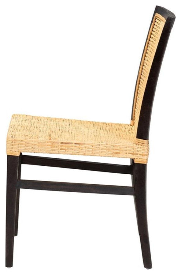 Lingga Modern Bohemian Dark Brown Mahogany Wood and Natural Rattan Dining Chair