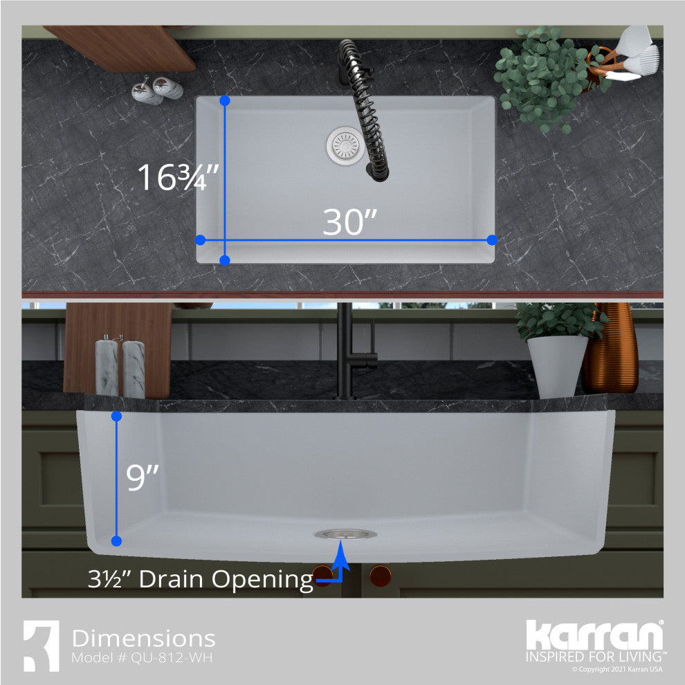 Karran QU-812 Undermount 32.5" Large Single Bowl Quartz Sink Kit, White