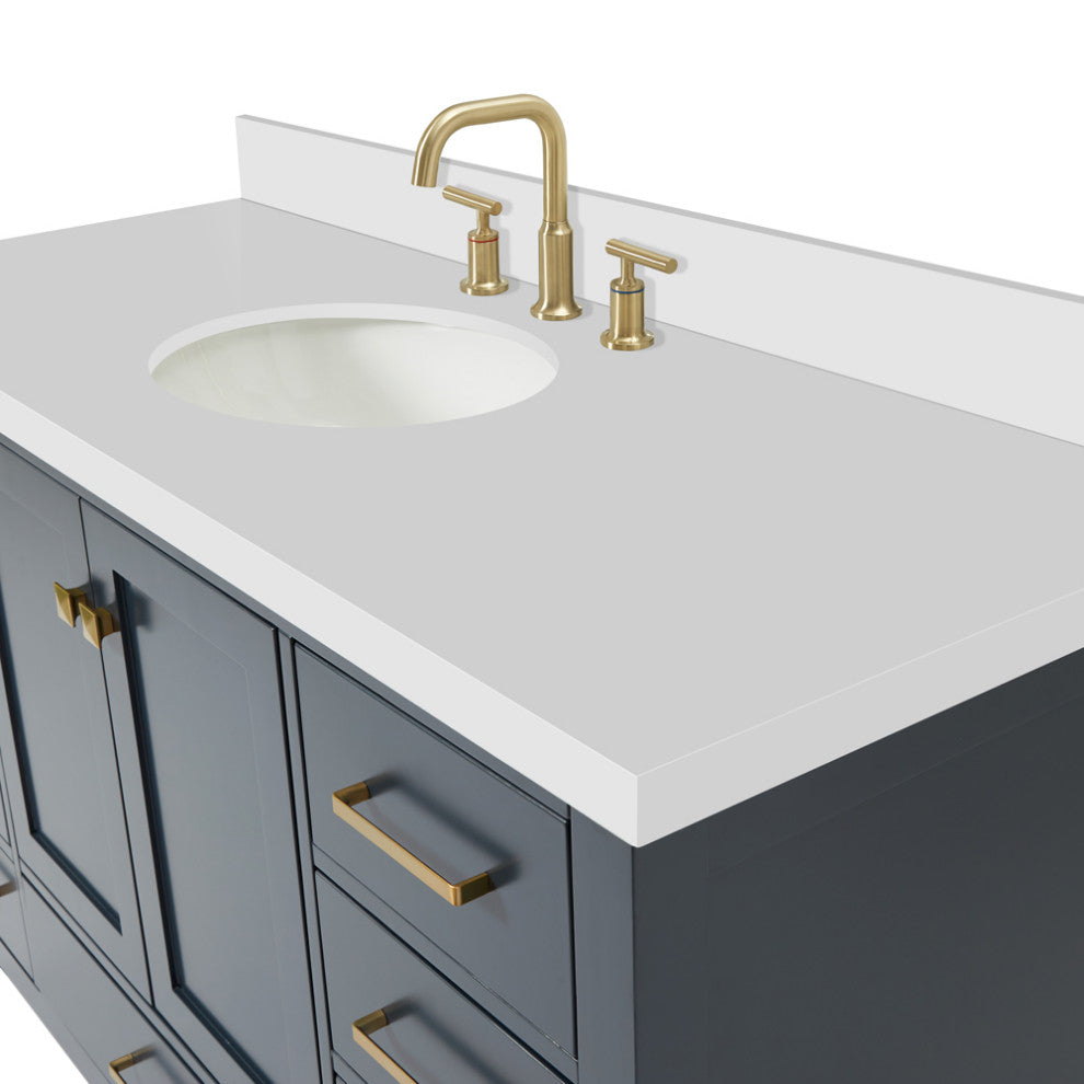 ARIEL Cambridge 55" Oval Sink Blue Bathroom Vanity Quartz Top, No Mirror