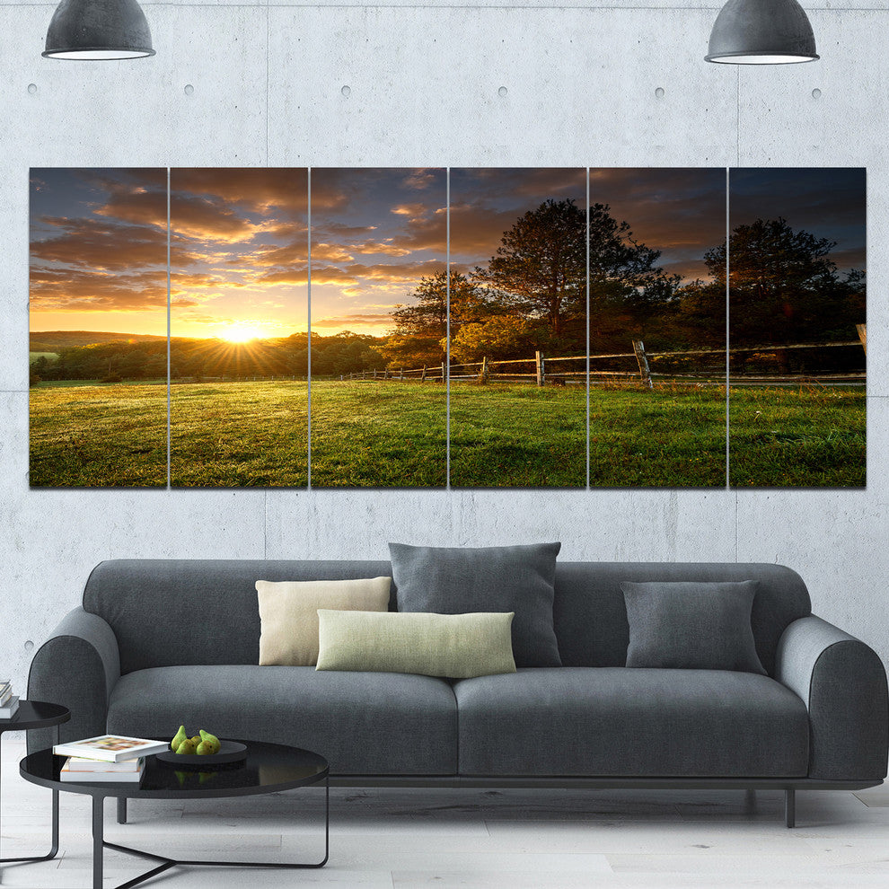 Fenced Ranch at Sunrise, Landscape Canvas Art Print, 70"x28", 6 Panels