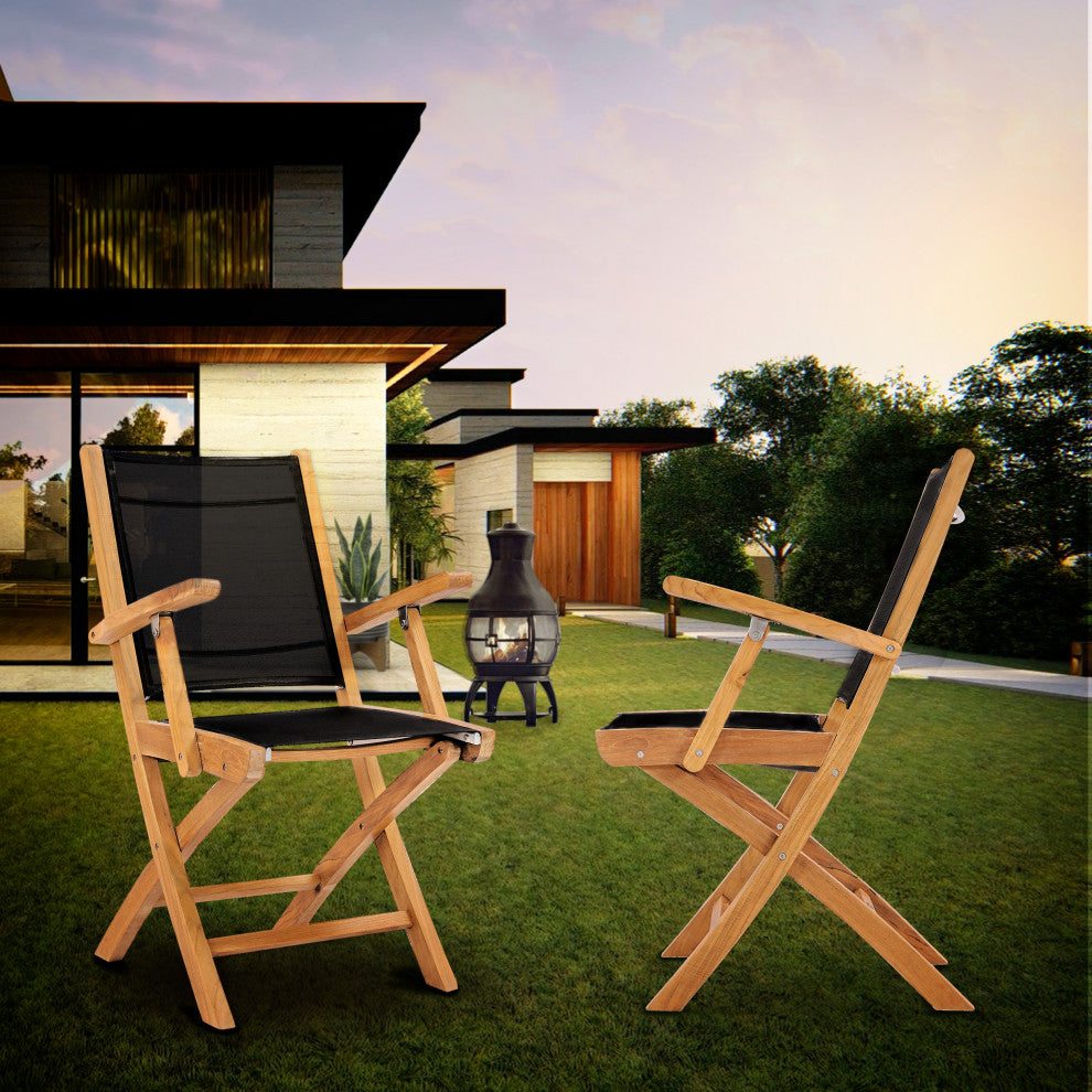 Teak Wood Miami Folding Arm Chair, Black, Set of 2