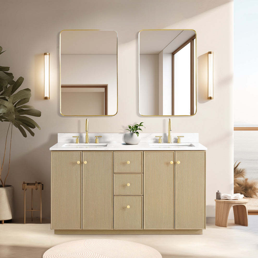 Oza Bath Vanity with Quartz Stone Top, Aged Natural Oak, 60", Double Vanity, No Mirror