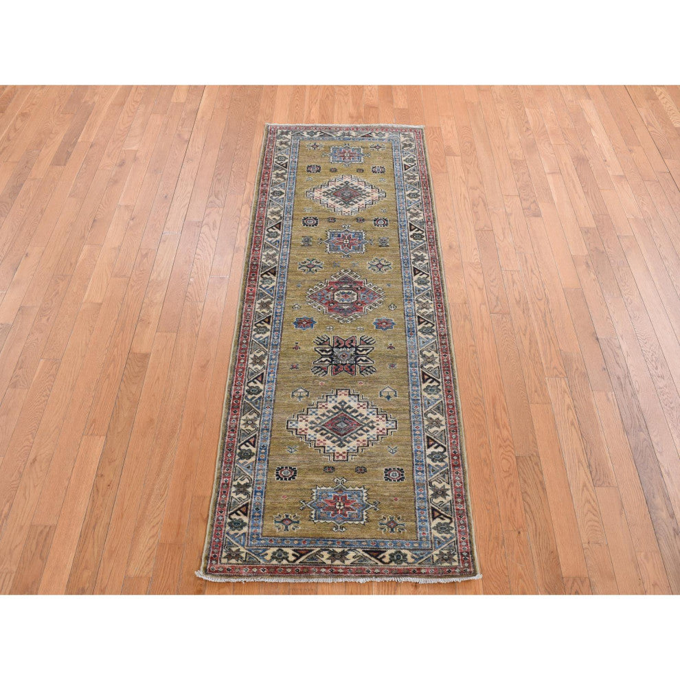 Green Hand Knotted Afghan Super Kazak Geometric Medallion Wool Rug, 2'9"x7'7"