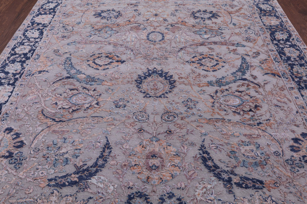 8' 0" X 10' 1" Persian Sickle Leaf Design Hand Knotted Wool and Silk Rug Q7095