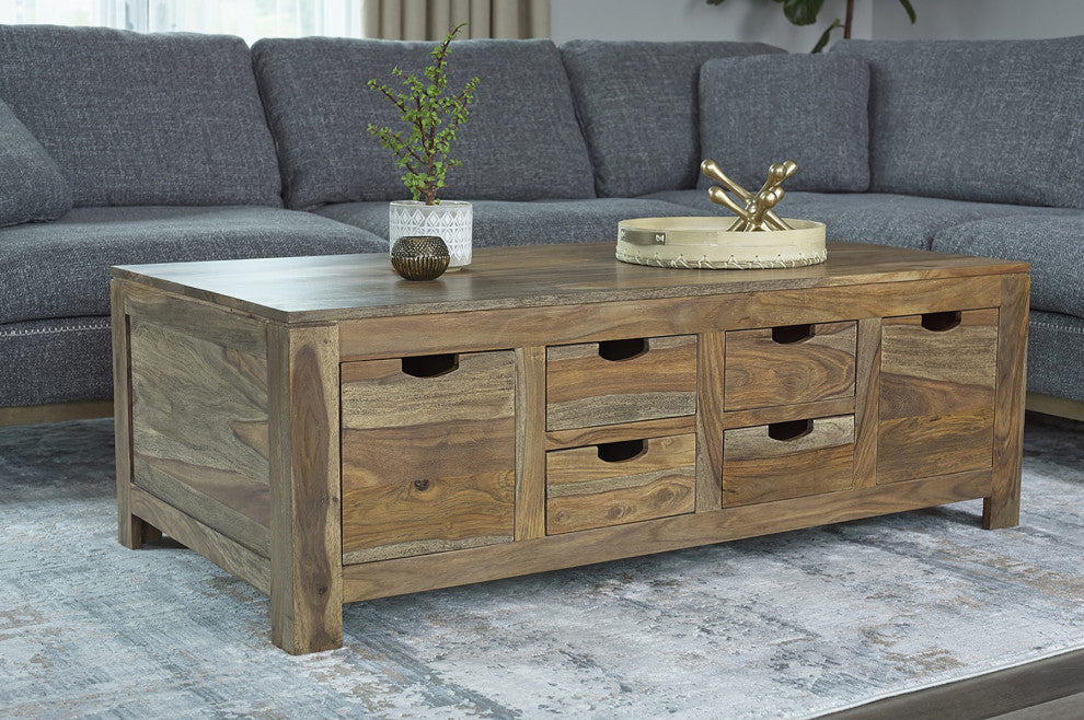 6-Drawer Storage Coffee Table, Natural Sheesham