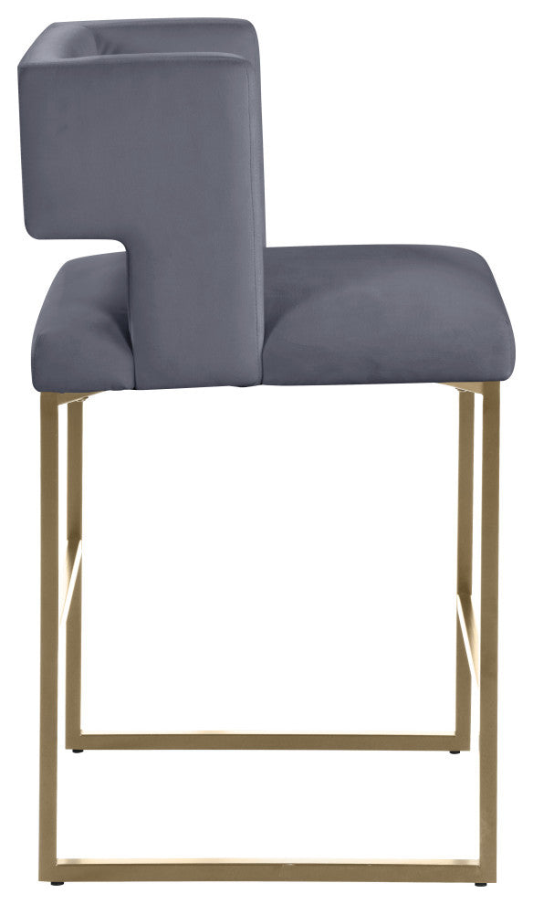 Caleb Upholstered Counter Stool, Set of 2, Gray, Velvet, Brushed Gold