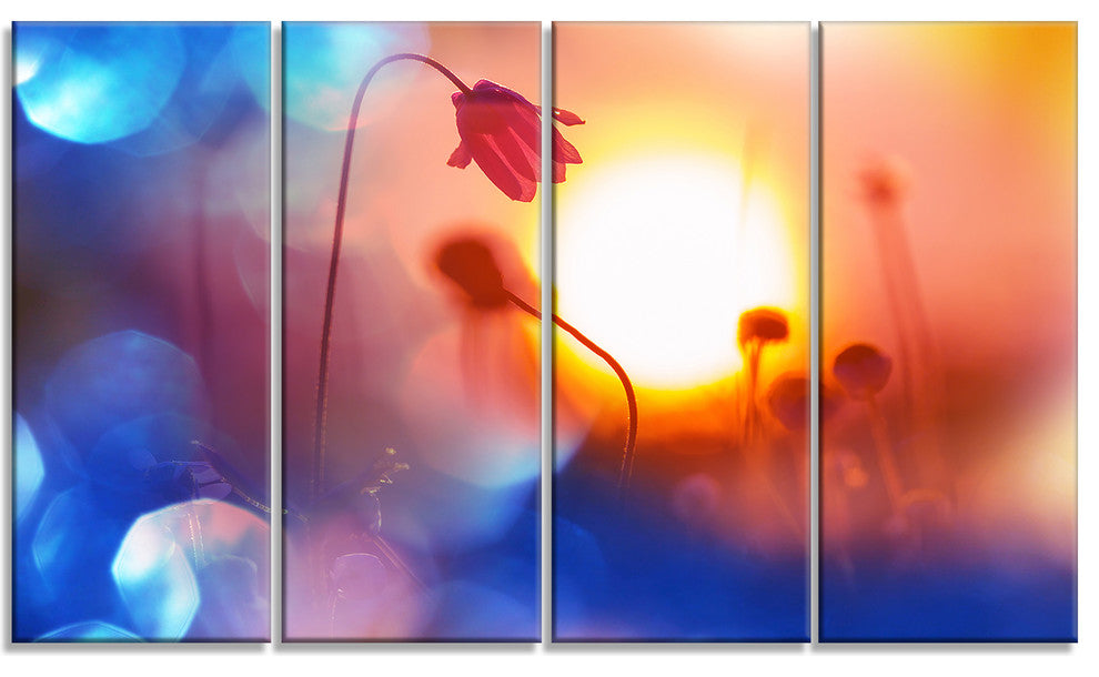 Beautiful Blurred Flowers At Sunset, Floral Canvas Art Print, 48"x28", 4 Panels