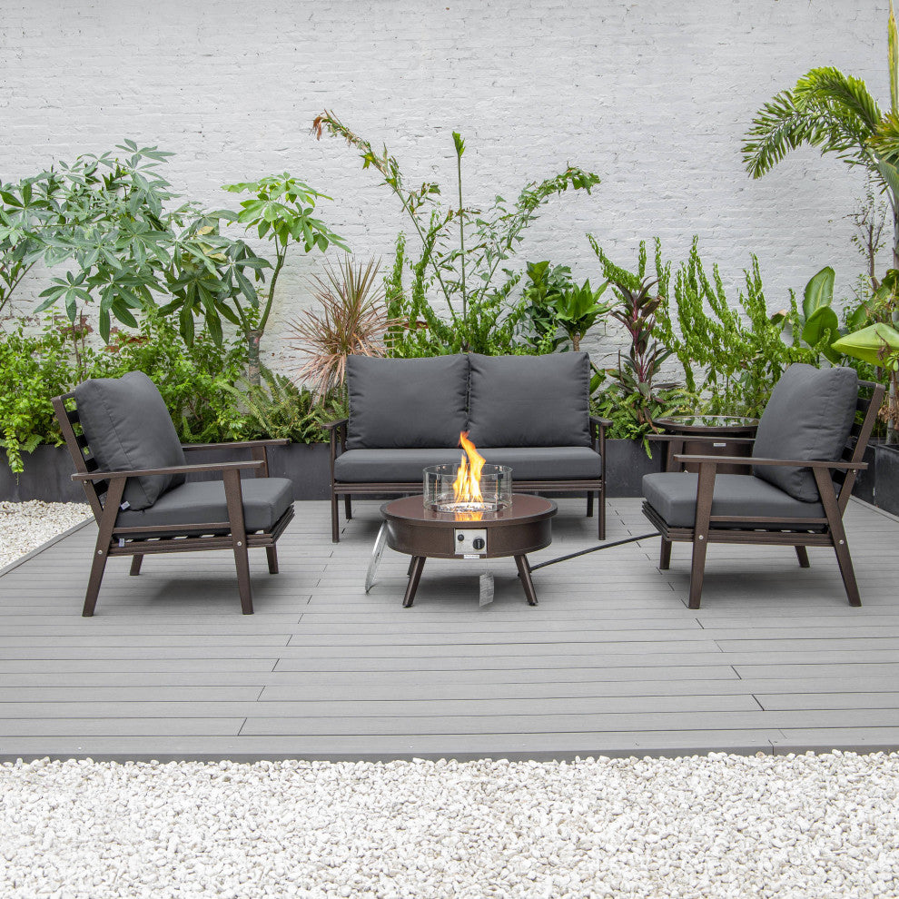 LeisureMod Walbrooke Brown Patio Sofa Set With Round Fire Pit Table, Charcoal