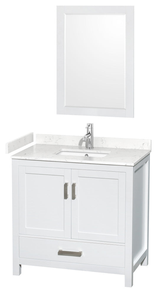 36"SGL Bathroom Vanity White, Carrara Cult. Marble Countertop, Sink, 24" Mirror