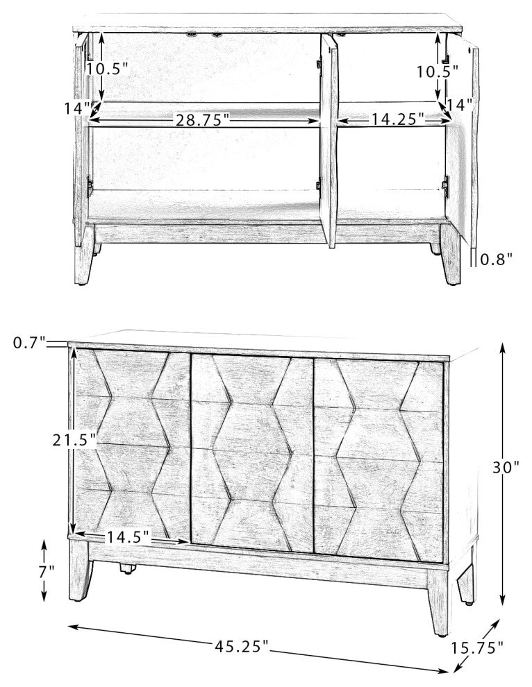 45" 3 Doors Storage, Wide Sideboard Cabinet, White