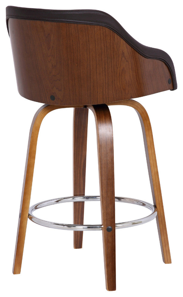 26" Brown Swivel Faux Leather Walnut Wooden Bar Stool