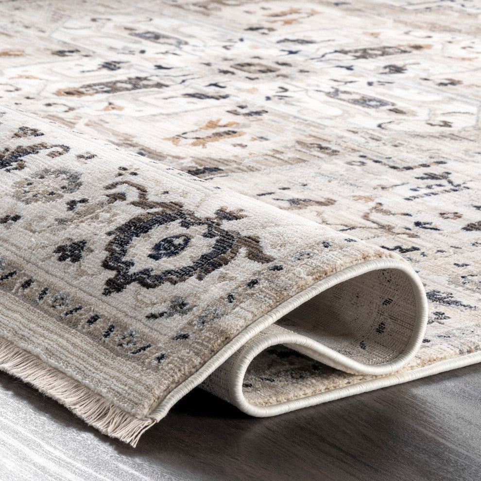 Nuloom Oliveira Floral Medallion Fringe Rug, Beige 12' x 15' 9"