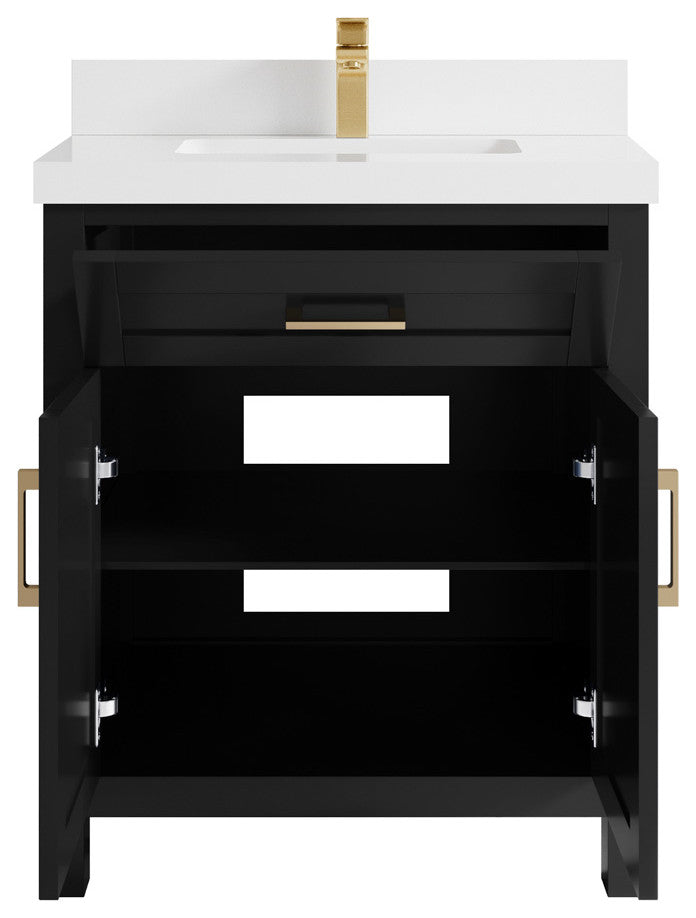 Cambridge 30 Single Sink Bath Vanity in Black 2" White Quartz