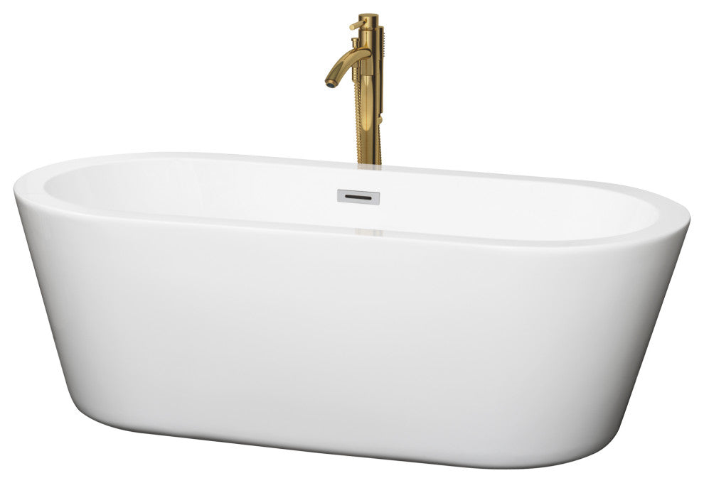 67" Freestanding Bathtub, White, Chrome Trim, Floor Mounted Faucet, Gold