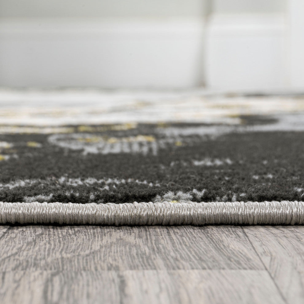 Swirl Marbled Abstract Area Rug, Black/Yellow, 3 X 5
