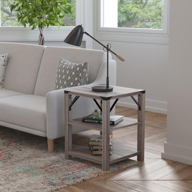 Wyatt Modern Farmhouse Wooden 3 Tier End Table, Gray Wash