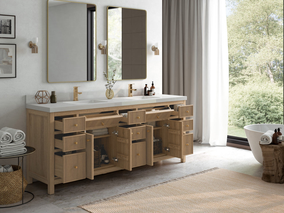 Sonoma Teak 84" Double Sink Vanity, Dark Natural With 2" Carrara Quartz