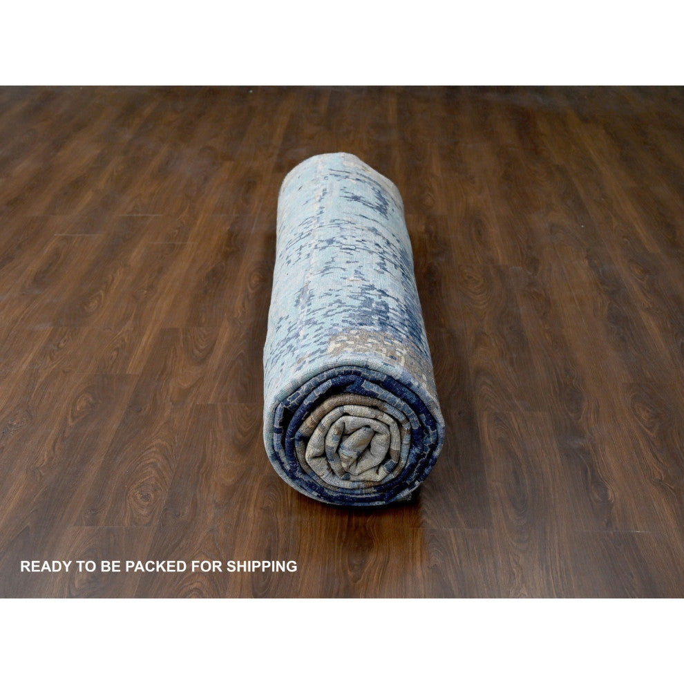 Blue, Mosaic Design, Wool and Silk, Hand Knotted, Oversized Rug, 13'9"x17'9"