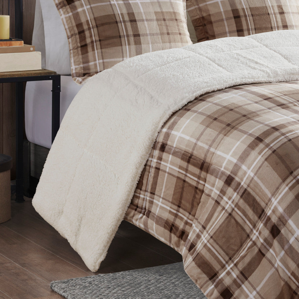 Woolrich Alton Plush to Sherpa Winter Comforter Set, Plaid Taupe, King