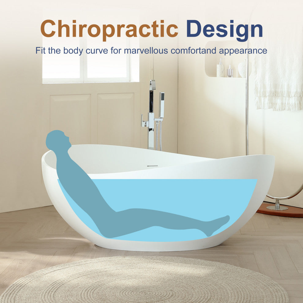 63" Wave-Shaped Stone Resin Matte Freestanding Bathtub, White