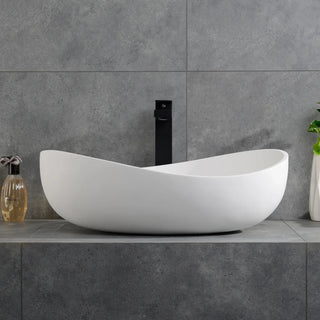 Bathroom Stone Resin Oval Vessel Sink Modern Art Sink with Pop Up Drain, Glossy White