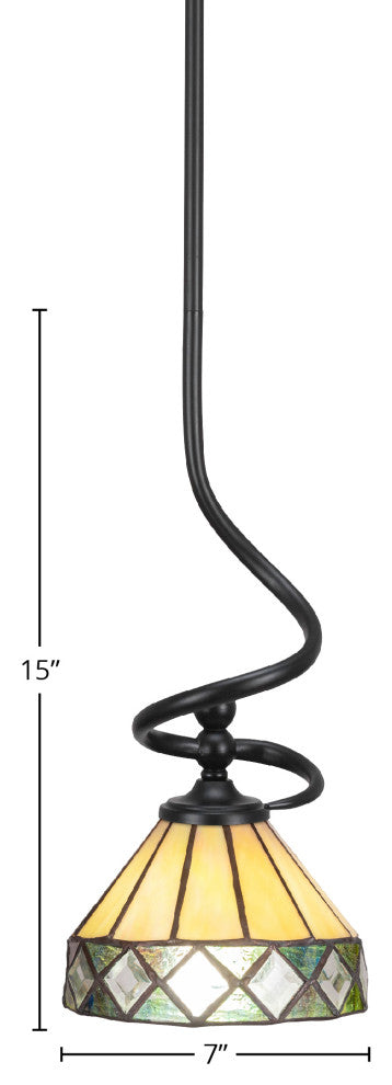 Capri Stem Mini Pendant In Matte Black Finish With 7" Diamond Peak Art Glass