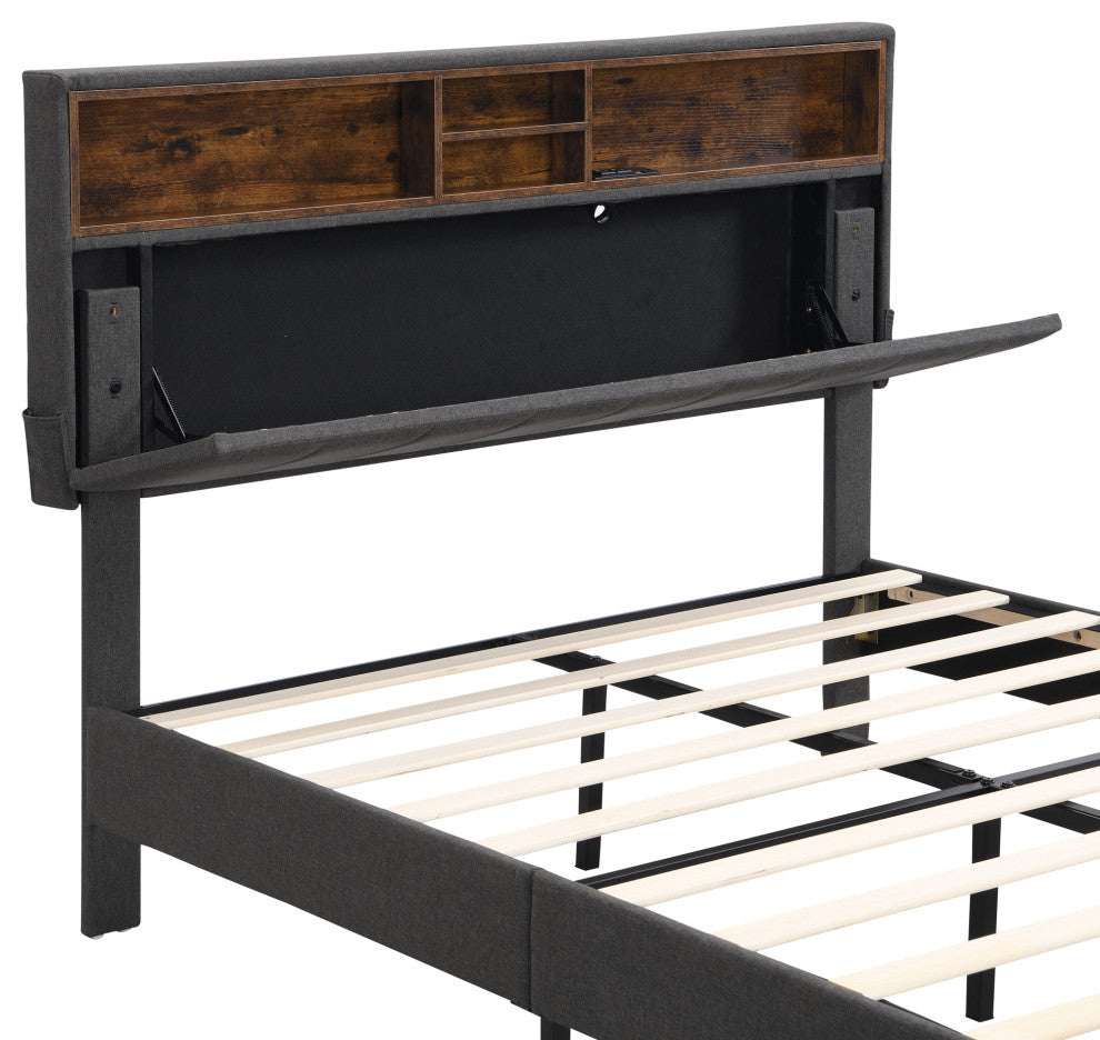 TATEUS Upholstered Platform Bed With Storage Headboard and USB Port, Gray, Full