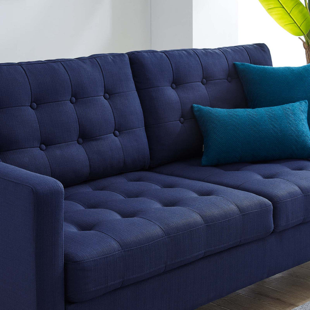Tufted Sofa, Fabric, Dark Blue, Modern, Living Lounge Hotel Lobby Hospitality