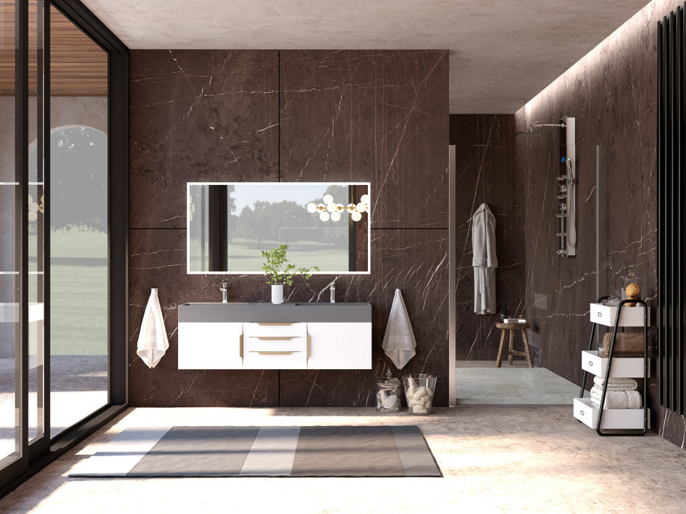 CastelloUSA Amazon 60" Wall Mounted Bathroom Vanity Set, White, Gray Top, Gold Handles