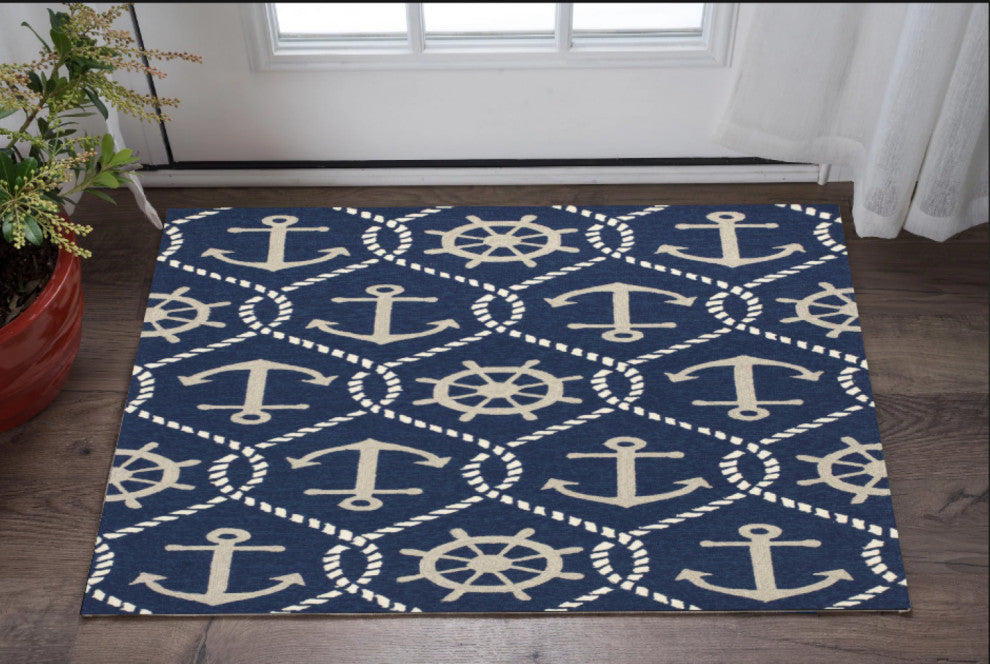3' X 5' Navy Blue Nautical Handmade Indoor Outdoor Area Rug