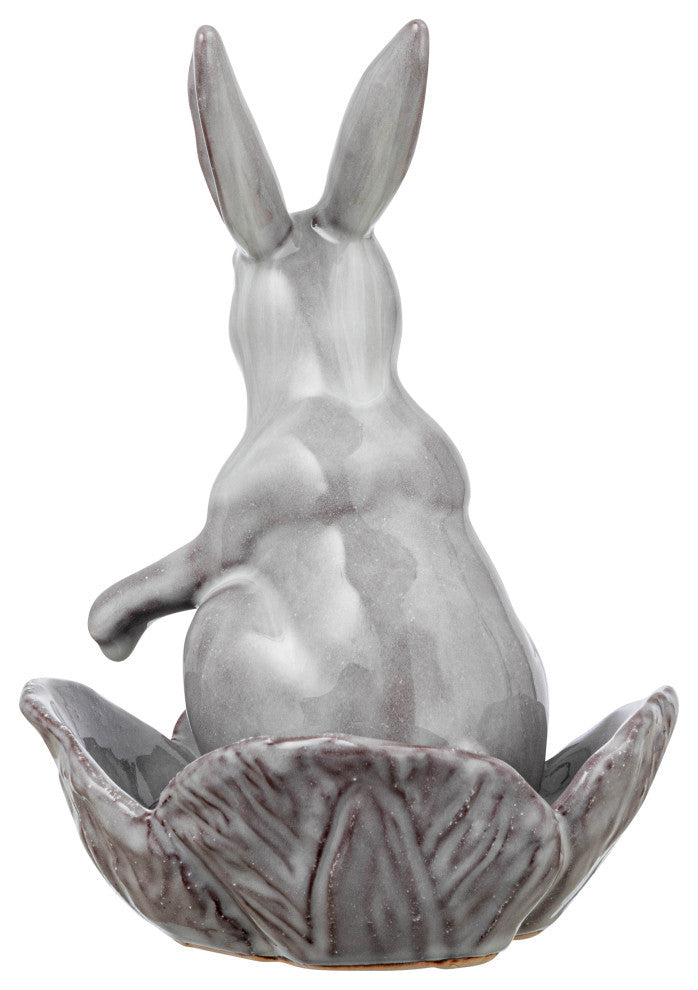 Stoneware Rabbit Figurine with Flower Shaped Bowl, White