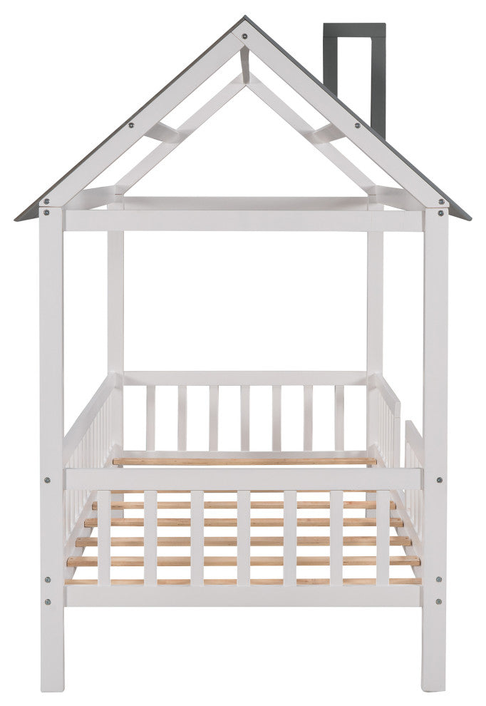 Gewnee Wood Twin Size House Bed with Fence and Roof,Gray/White