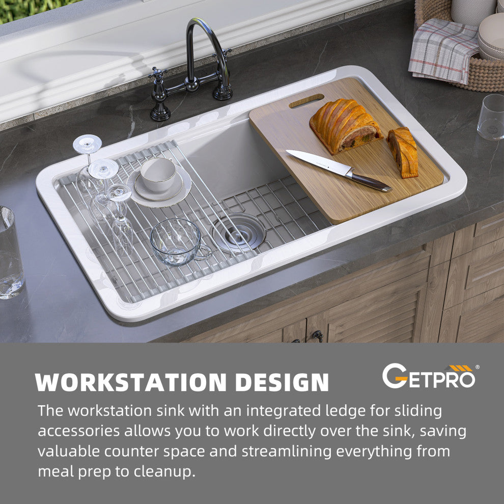 33"Lx18"W Drop-In/Undermount Single Bowl Farmhouse Kitchen Sink With Accessories