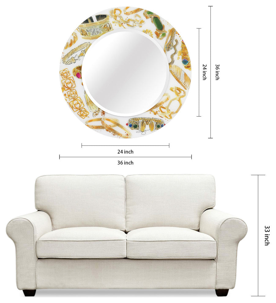 "Gold Charm" Round Beveled Wall Mirror on Floating Printed Tempered Art Glass
