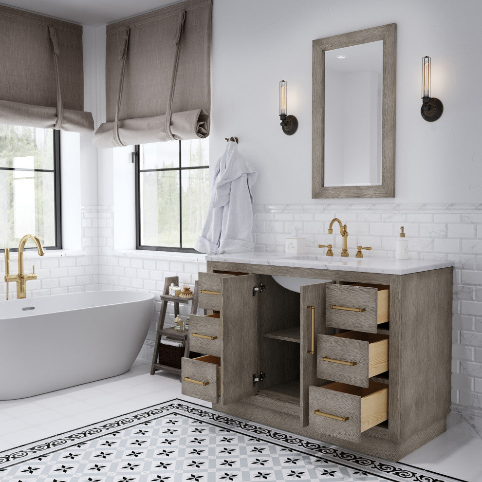 Hugo 48 Single Sink White Marble Vanity, Gray Oak With Hook Faucet and Mirror