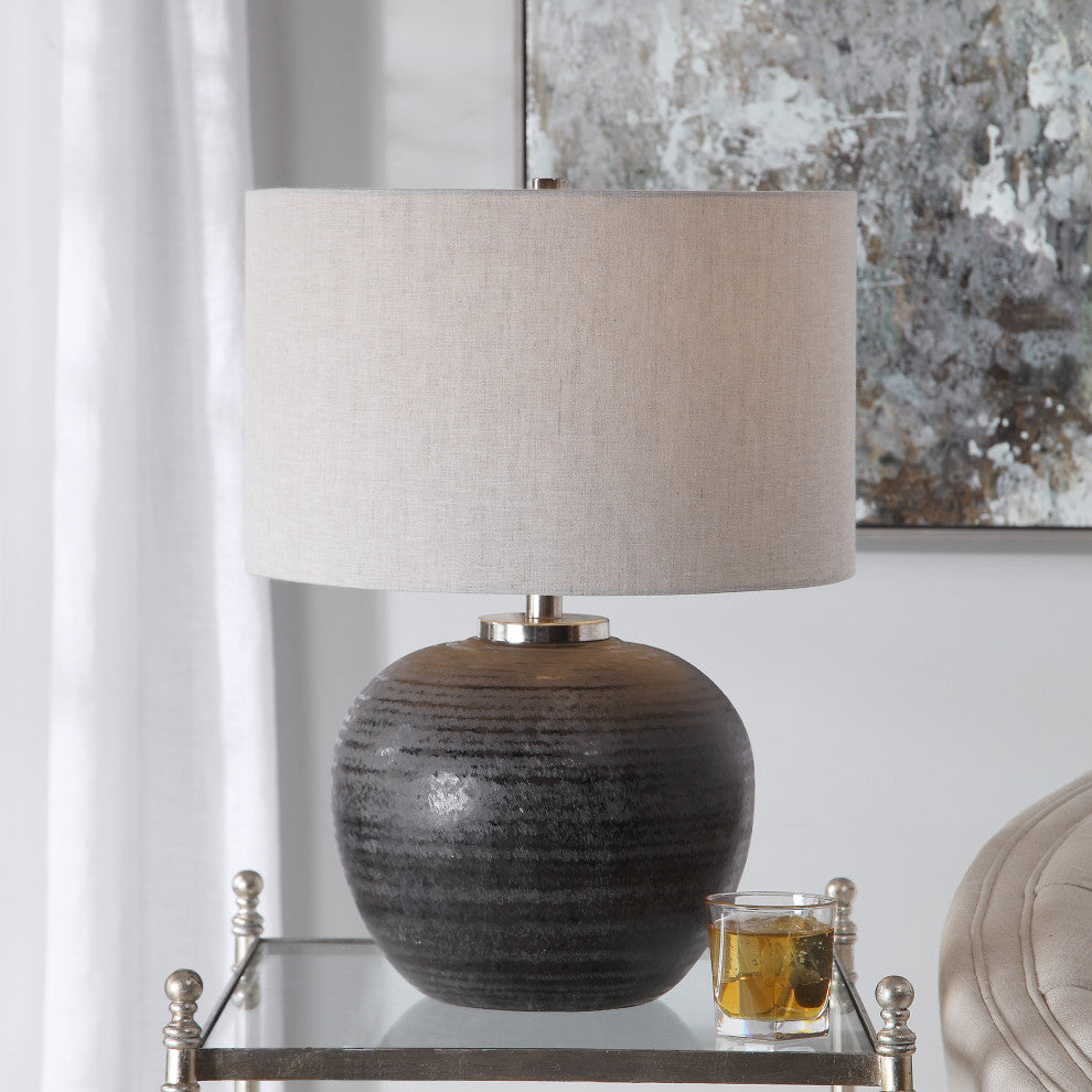 Rustic Round Charcoal Brown Table Lamp, Ceramic Sphere Vintage Style Cottage