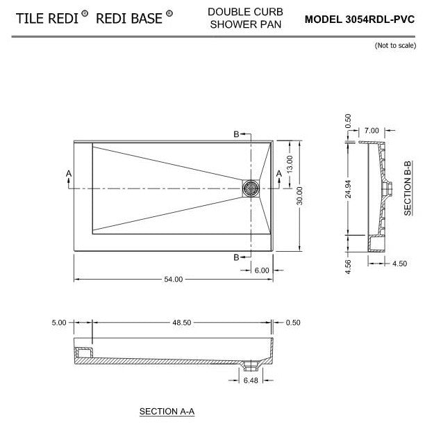 Tile Redi 3054RDL-PVC 30"x54" Double Curb Shower Pan With Right PVC Drain