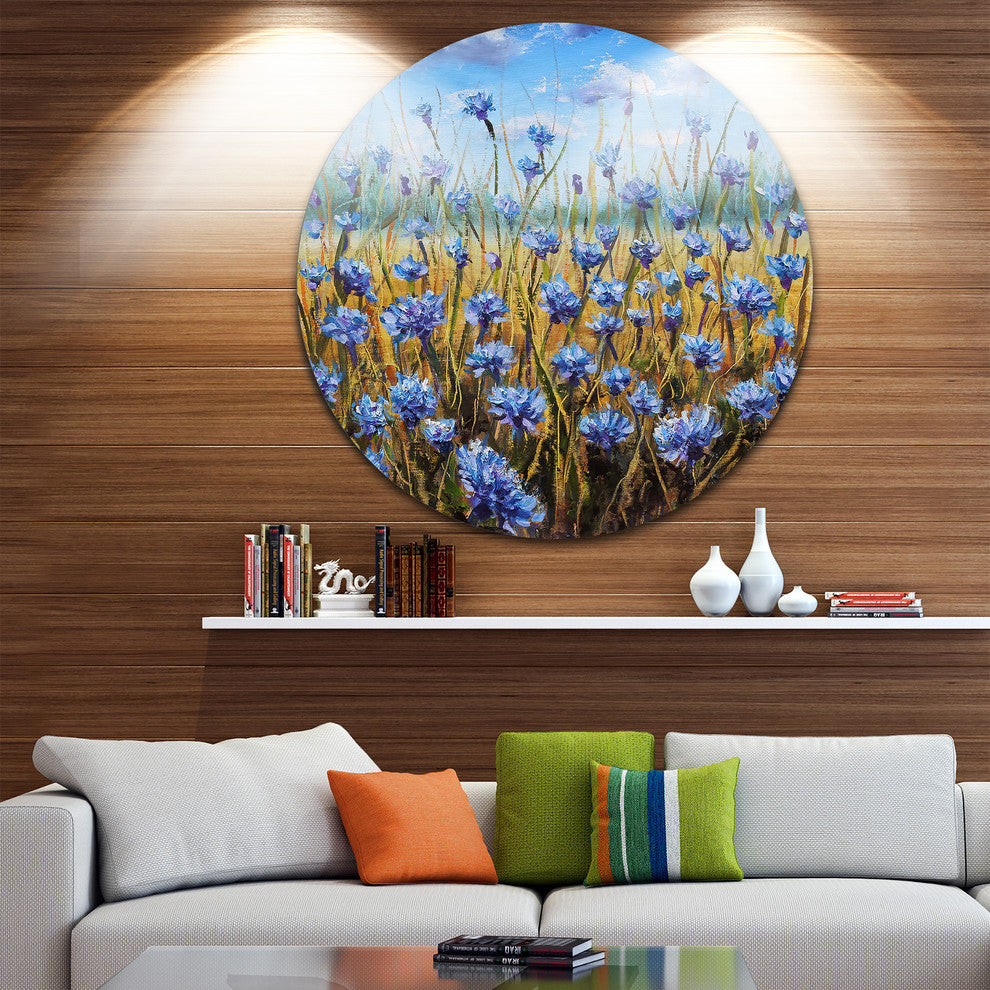 Blue Flowers In Meadow, Floral Disc Metal Wall Art, 11"