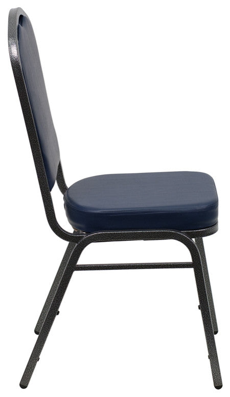 Crown Back Stacking Banquet Chair in Navy Vinyl - Silver Vein Frame