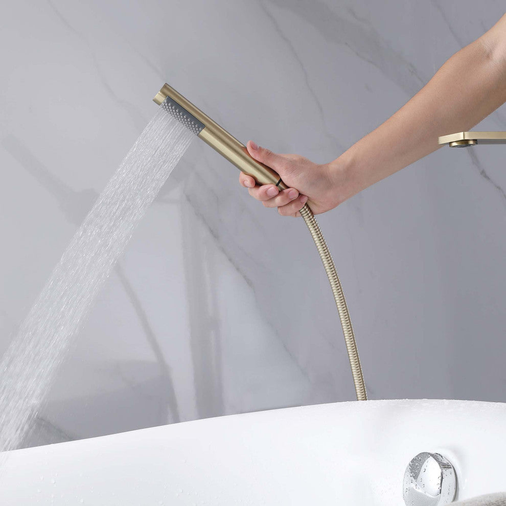 Floor Mounted Tub Spout With Handshower, Brushed Gold