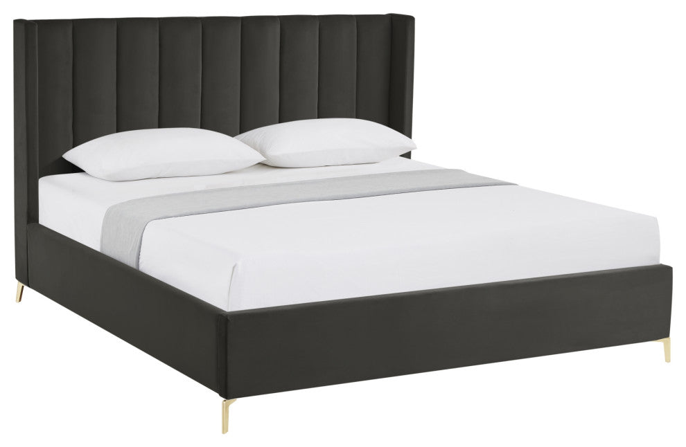 Inspired Home Ameen Bed, Upholstered, Black Velvet King