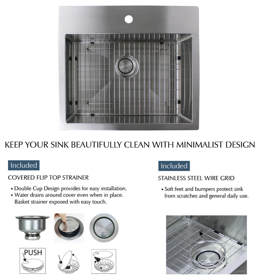 Transolid Diamond 25"x22" Dual Mount Single Bowl Kitchen Sink, Stainless