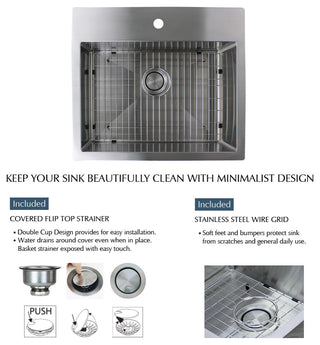 Transolid Diamond 25"x22" Dual Mount Single Bowl Kitchen Sink, Stainless