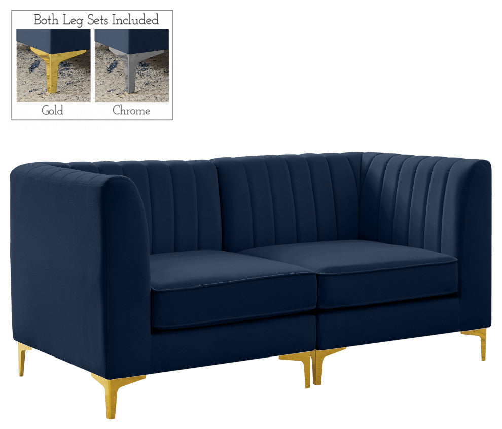 Alina Velvet Upholstered 2-Piece Modular Sofa, Navy