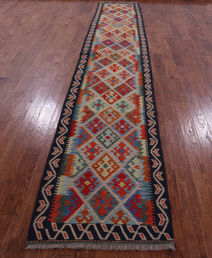 Kilim Flat Weave Wool On Wool Reversible Runner Rug 2' 10" X 16' 1" Q9465